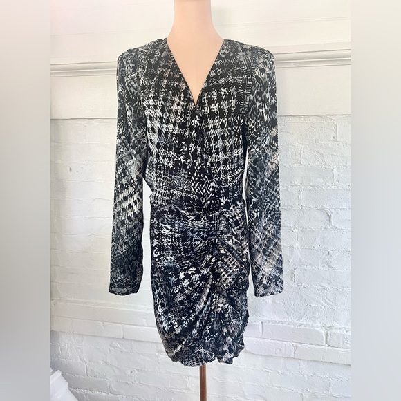 Ramy Brook Myla Mini Dress Black Houndstooth Burnout Multi Ruched Faux Wrap NWT - Picture 9 of 16